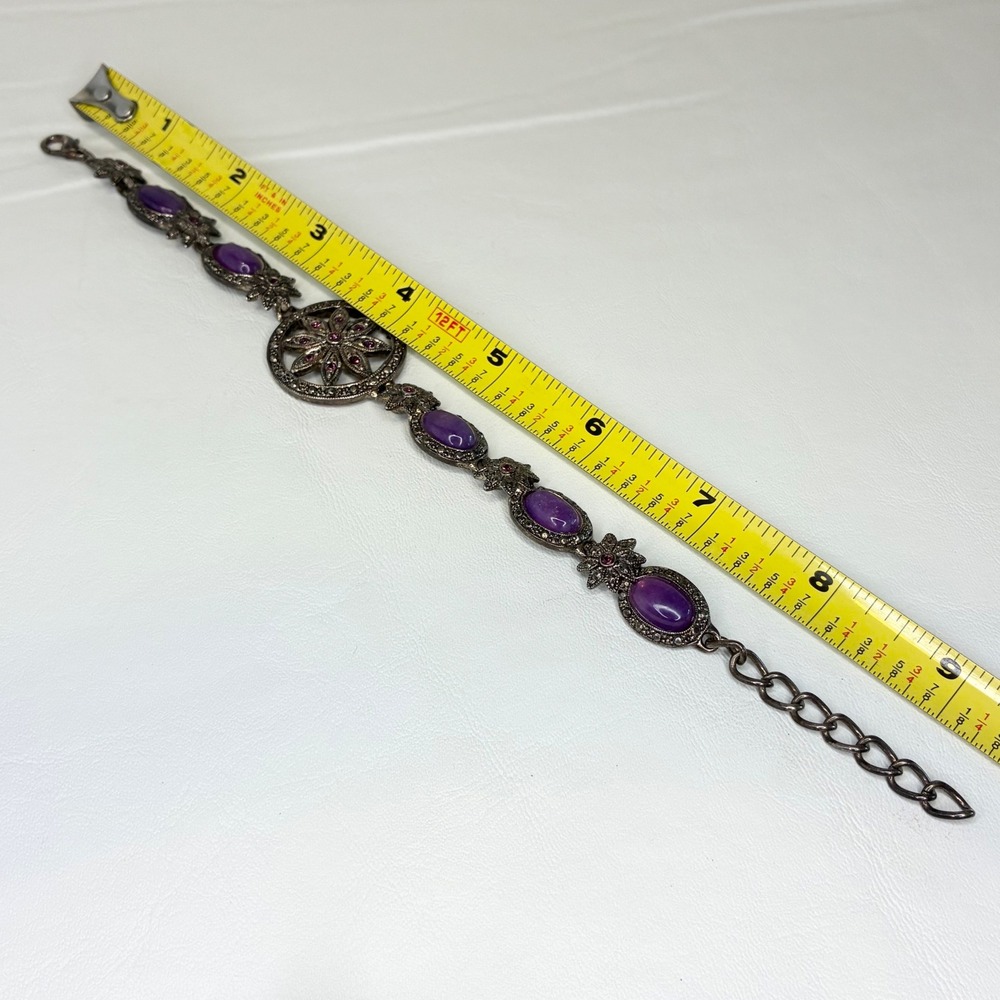 Vintage Premier Designs Bracelet Floral Purple Cabochon Rhinestone Silver Tone - Picture 5 of 11